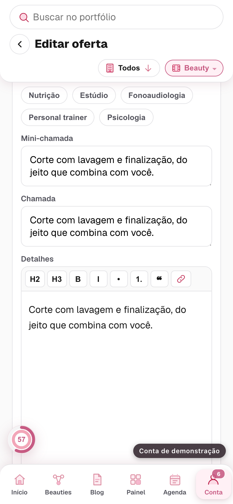 os campos de detalhes e público
