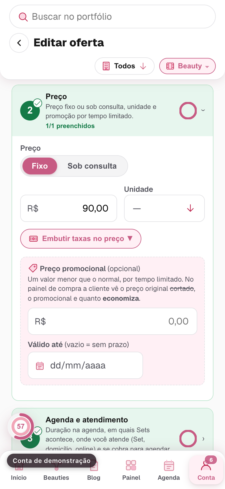 o bloco Preço aberto, com a escolha entre fixo e sob consulta