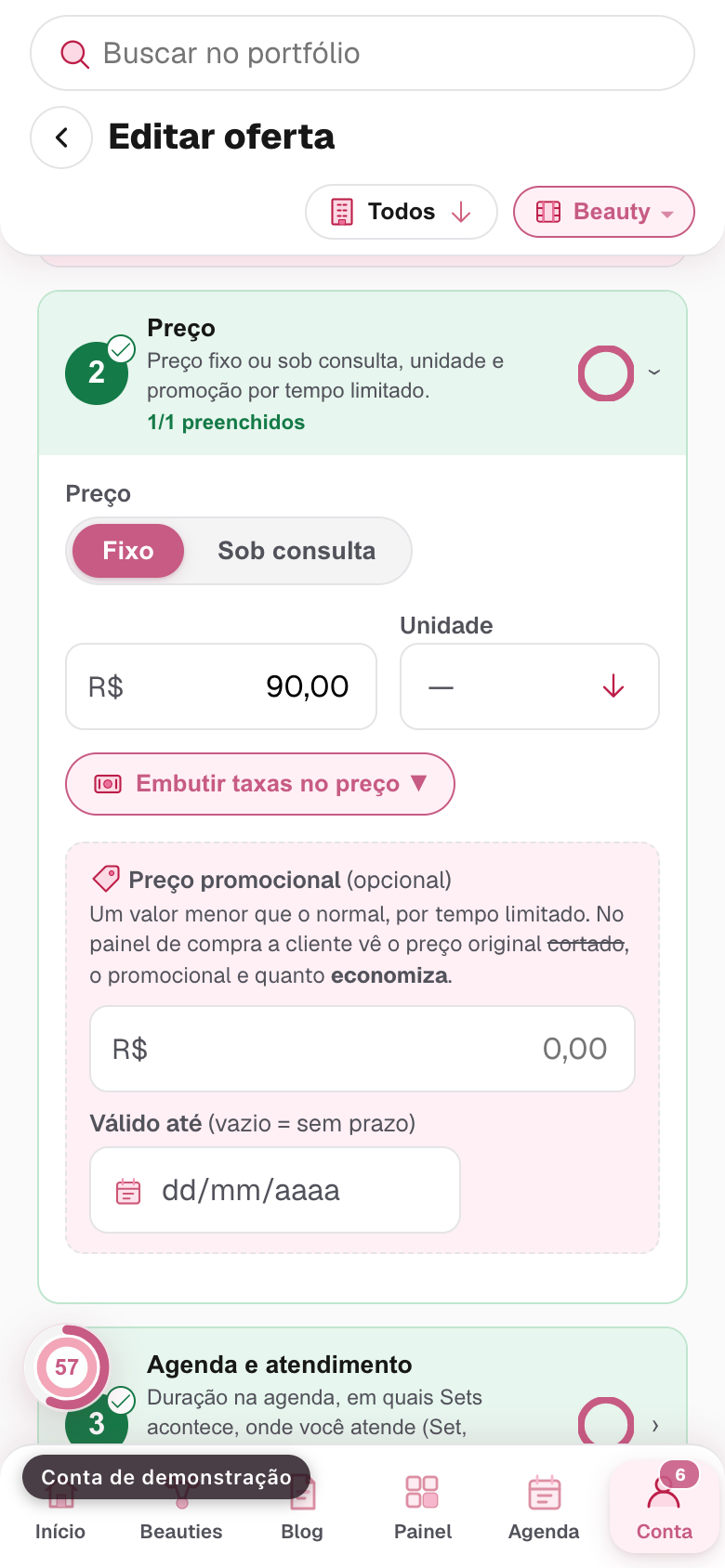 o valor, a unidade e o botão de embutir as taxas no preço