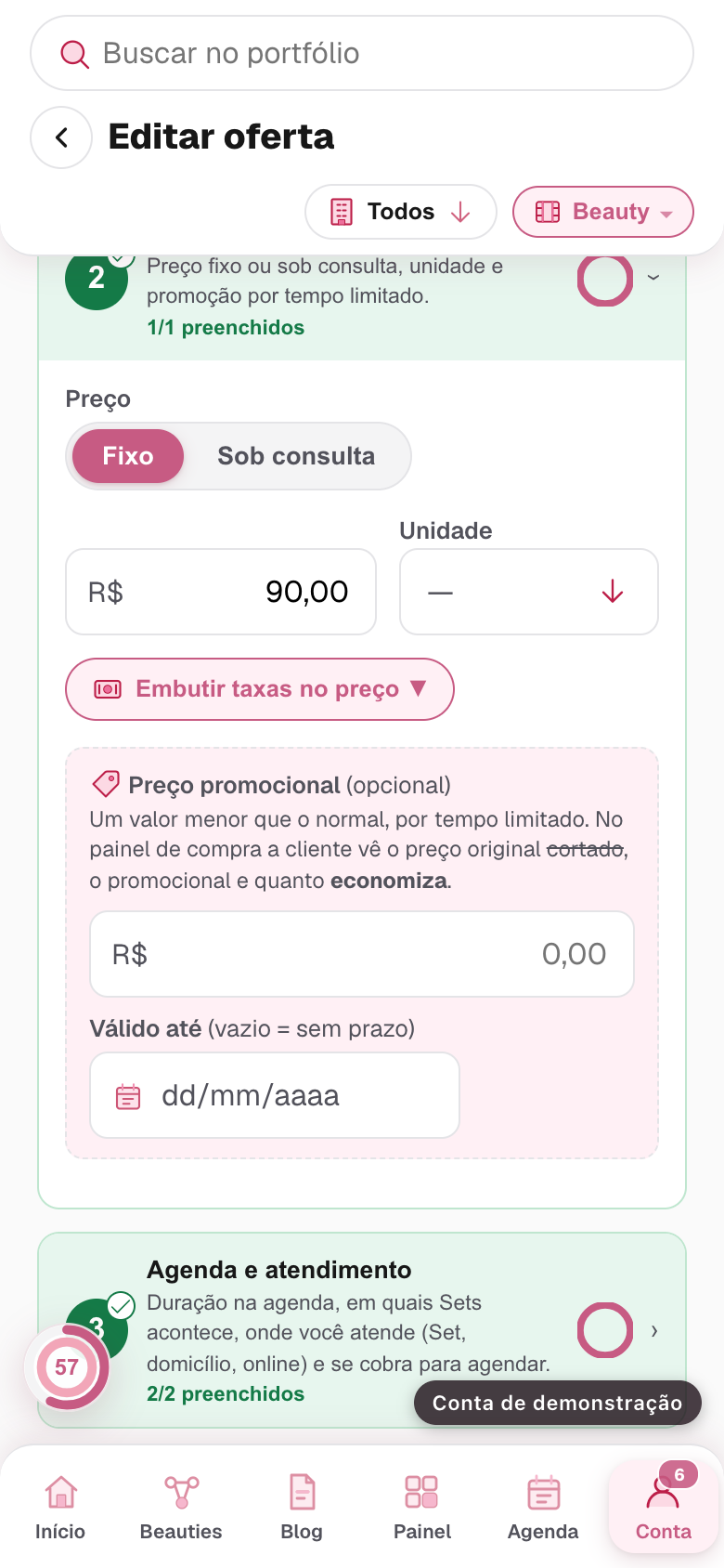 o preço promocional e o campo de válido até