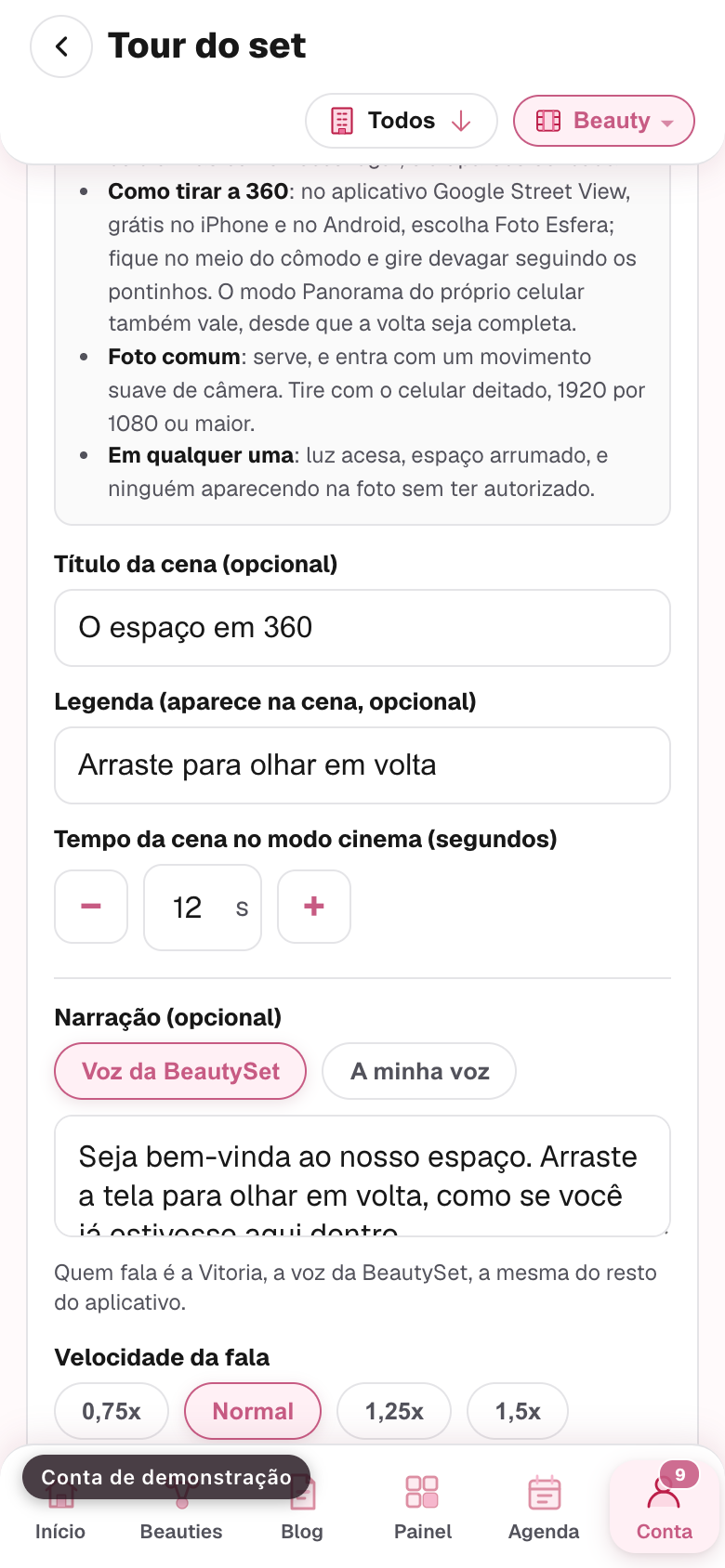o painel "Que foto serve aqui" aberto numa cena
