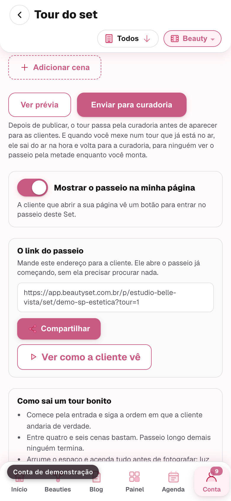 o link do passeio com os dois botões e a chave de mostrar na página