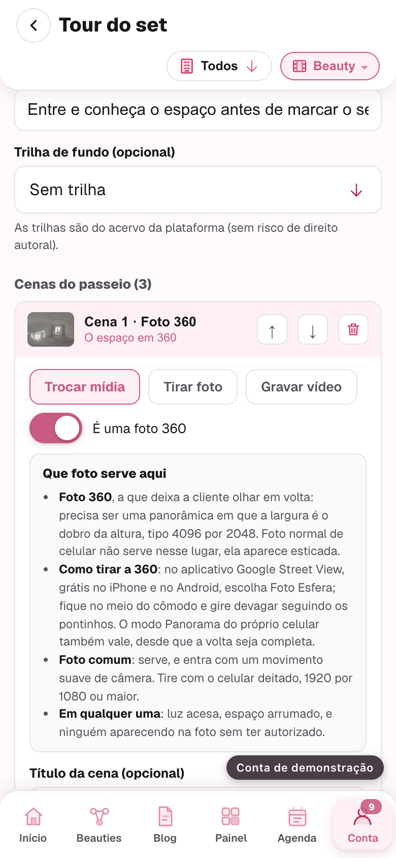 a cena com a foto 360 ja enviada, com a miniatura e a chave de foto 360 ligada