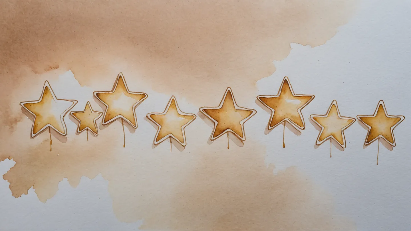 Fileira de estrelas douradas pintadas em aquarela sobre fundo claro nos tons de areia e rosa