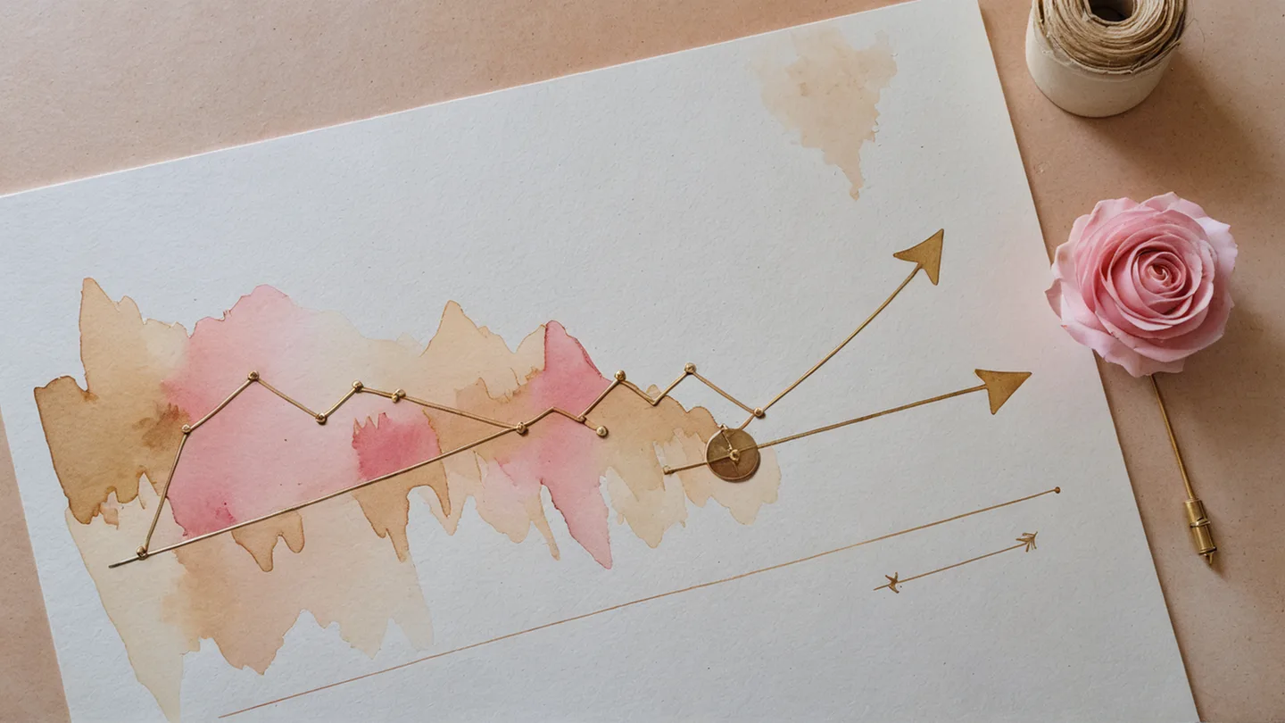 Folha em aquarela com um gráfico de linha subindo, marcado com pontos dourados e uma seta apontando para cima, ao lado de uma rosa