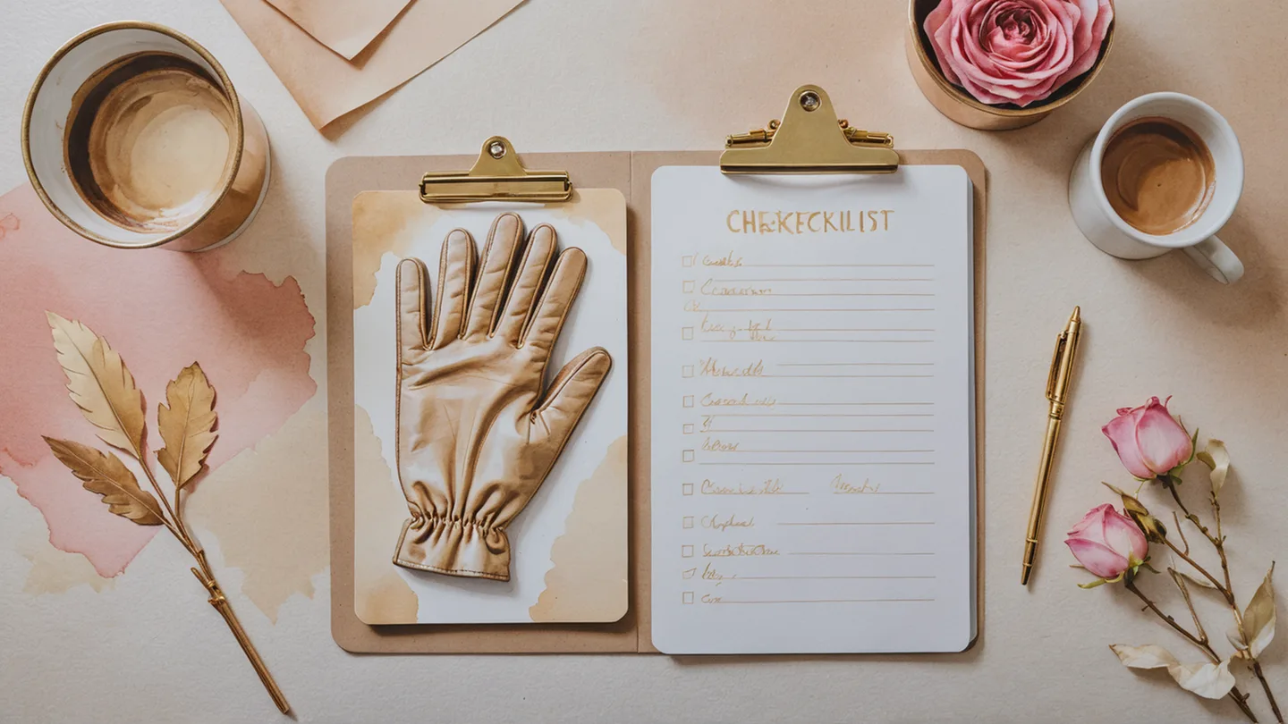 Prancheta com uma lista de conferência, uma luva clara e uma caneta dourada sobre a mesa, em aquarela nos tons de areia e rosa